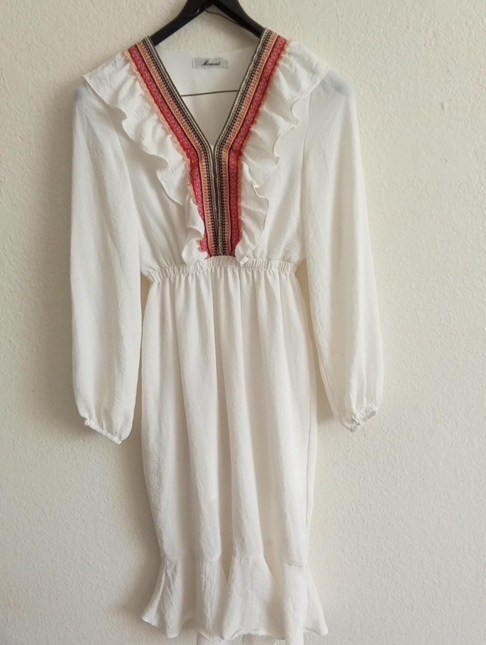 Boho V-Neck White Dress with Embroidered Trim